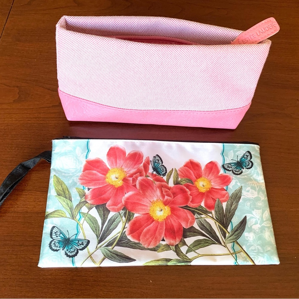 Set of 2 cosmetic make-up bags pink Estee Lauder bag & multicolor floral bag